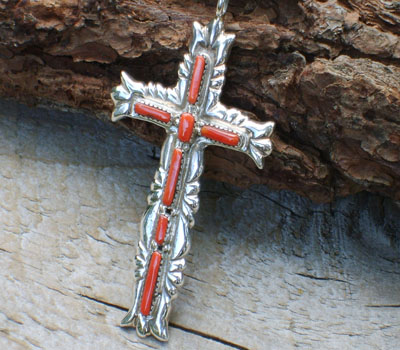 Native American Coral Cross Pendant- Large